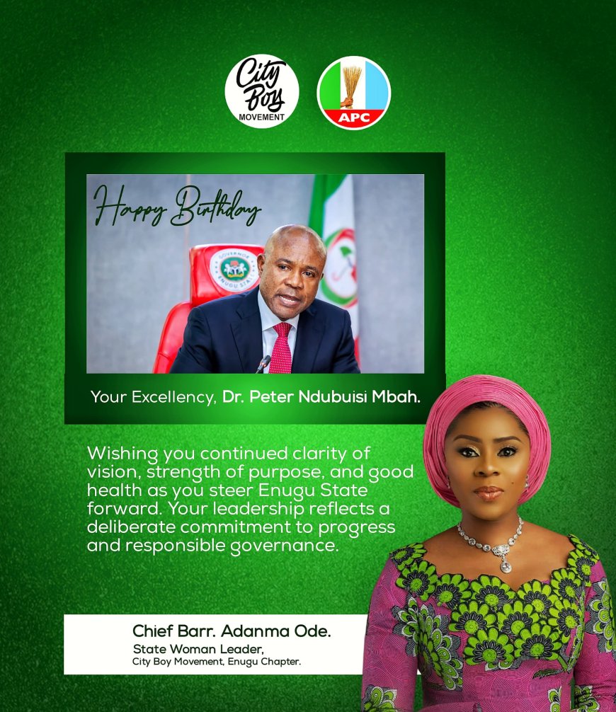 Enugu: City Boy Movement Women Leader, Barr Ode Felicitates Governor Mbah @54, Hails Commitment to Good Governance